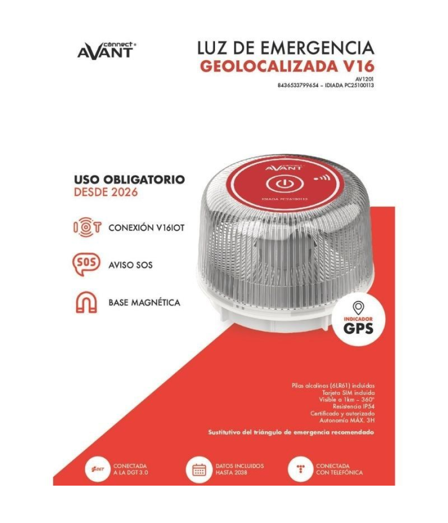 Luz baliza de emergencia para coche avant v16 connected av1201/ homologada/ base imantada/ geolocalizable/ funciona a pilas