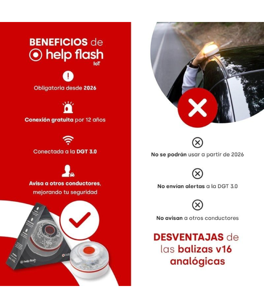 Luz baliza de emergencia para coche help flash v16 connected iot/ homologada/ base imantada/ geolocalizable/ funciona a pilas