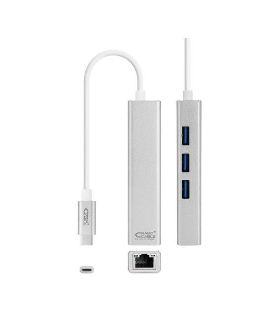 Nanocable Conversor USB-C a Ethernet Gigabit + 3xUSB 3.0, Plata, 15 cm - Imagen 1