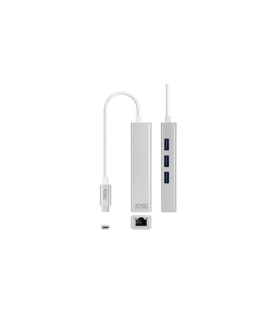 Nanocable Conversor USB-C a Ethernet Gigabit + 3xUSB 3.0, Plata, 15 cm - Imagen 1
