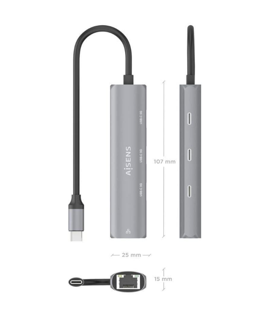 Hub usb tipo-c aisens asuc-4p041-gr/ 3xusb tipo-c/ 1xrj45/ gris