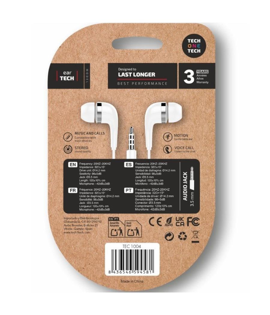 Auriculares intrauditivos tech one tech soft eartech tec1004/ con micrófono/ jack 3.5/ blancos