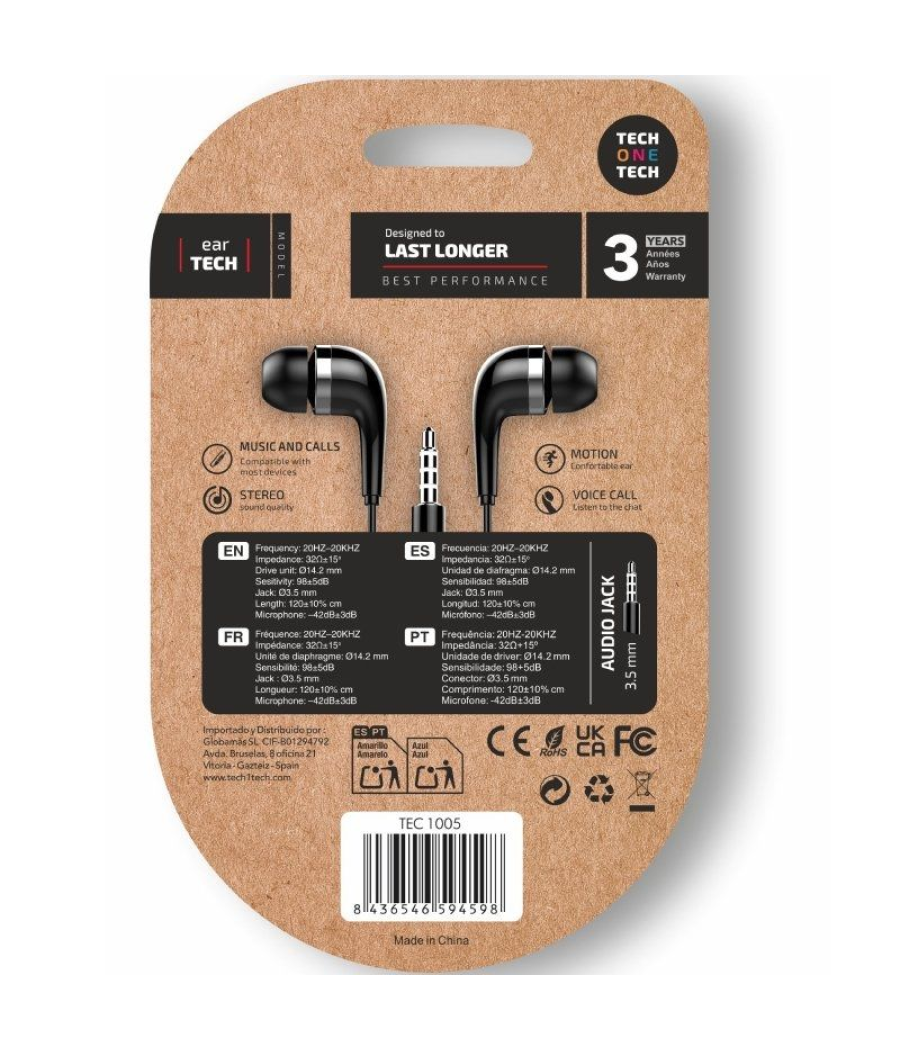 Auriculares intrauditivos tech one tech soft eartech tec1005/ con micrófono/ jack 3.5/ negros