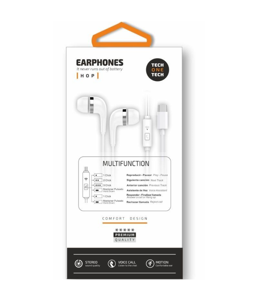 Auriculares intrauditivos tech one tech eartech tec1304/ con micrófono/ usb tipo-c/ blancos