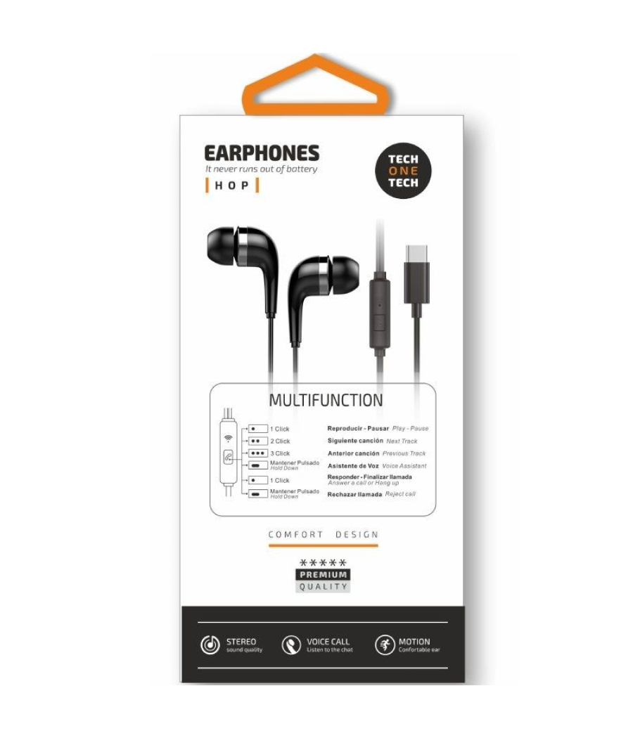 Auriculares intrauditivos tech one tech eartech tec1305/ con micrófono/ usb tipo-c/ negros