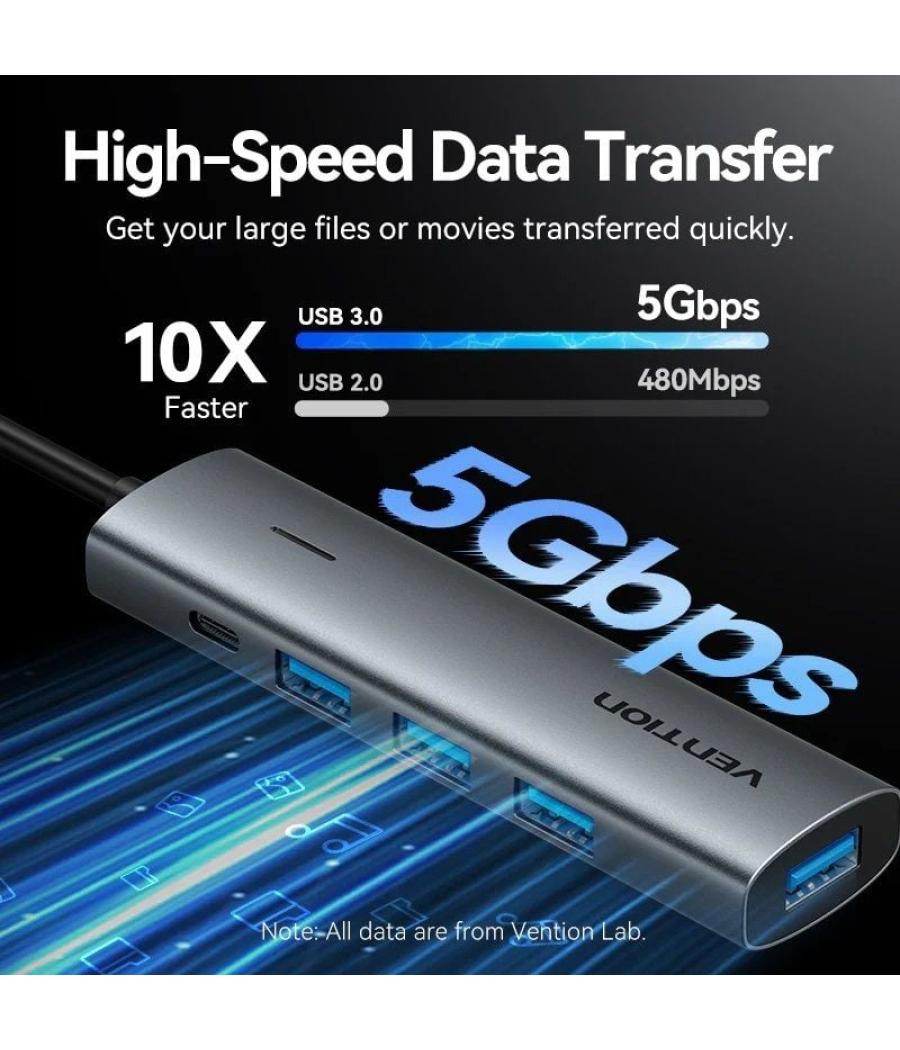 Hub usb tipo-c 3.0 vention tgzhb/ 3xusb/ 1xusb tipo-c pd/ gris