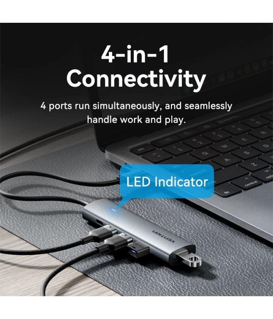 Hub usb tipo-c 3.0 vention tgzhb/ 3xusb/ 1xusb tipo-c pd/ gris