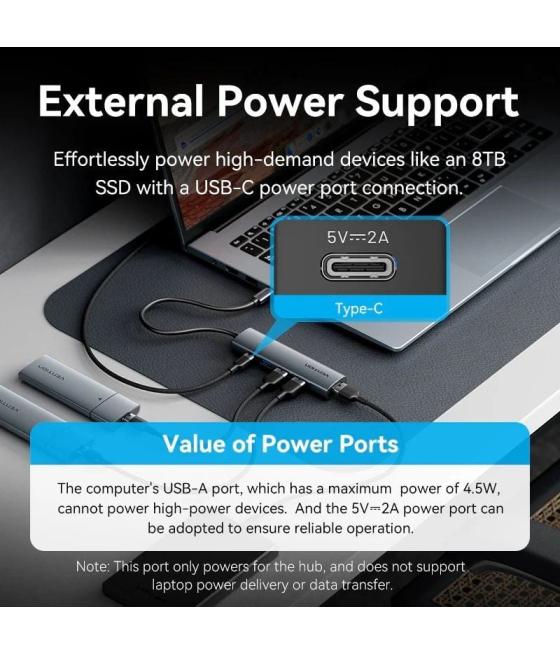 Hub usb tipo-c 3.0 vention tgzhb/ 3xusb/ 1xusb tipo-c pd/ gris