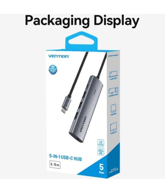 Hub usb tipo-c 3.0 vention tgzhb/ 3xusb/ 1xusb tipo-c pd/ gris