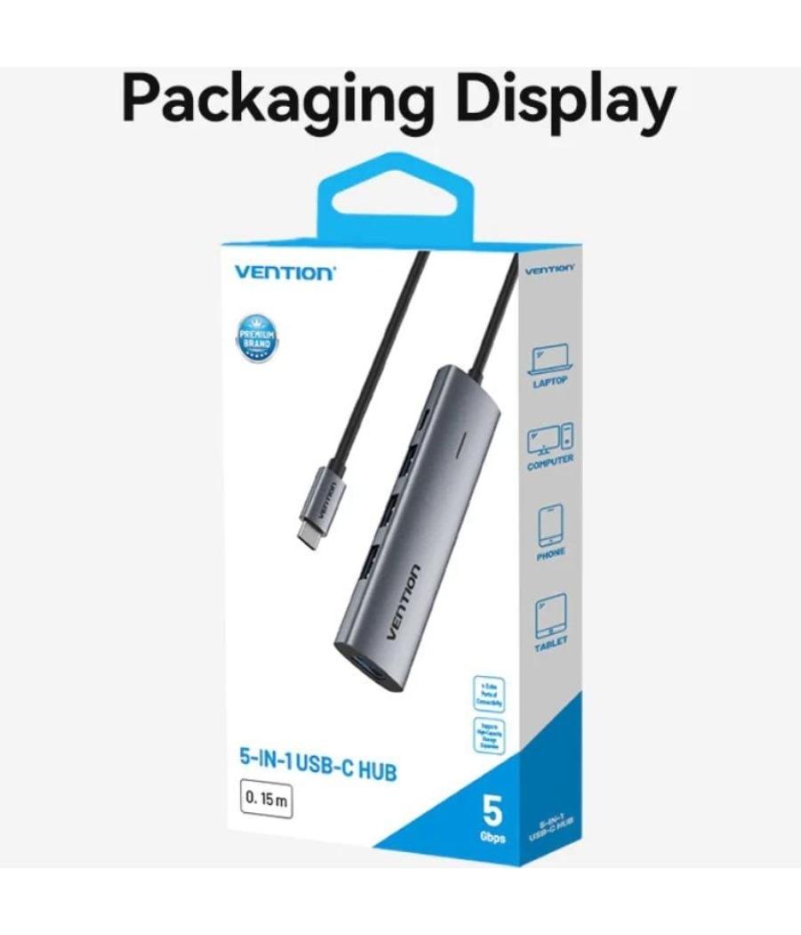 Hub usb tipo-c 3.0 vention tgzhb/ 3xusb/ 1xusb tipo-c pd/ gris