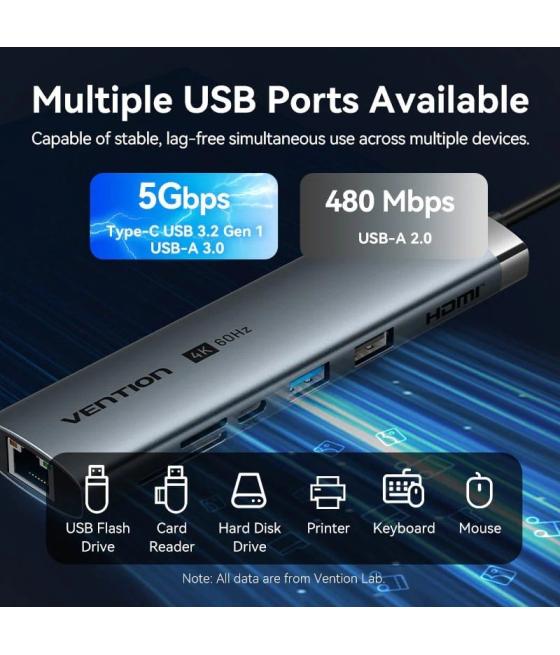 Docking usb tipo-c vention tguhb/ rj45/ 2xusb/ 1xusb tipo-c/ 1xhdmi/ 1xusb tipo-c pd/ 1xlector de tarjetas/ gris