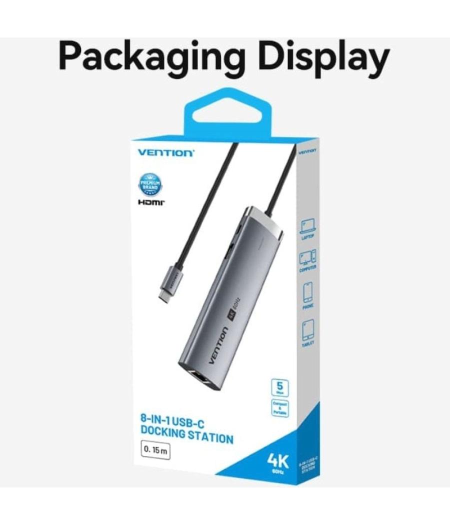 Docking usb tipo-c vention tguhb/ rj45/ 2xusb/ 1xusb tipo-c/ 1xhdmi/ 1xusb tipo-c pd/ 1xlector de tarjetas/ gris