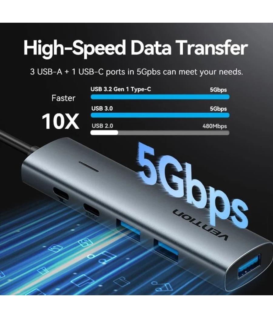 Hub usb 3.0 vention tgxhb/ 1xusb tipo-c/ 3xusb/ 1xusb tipo-c pd/ gris