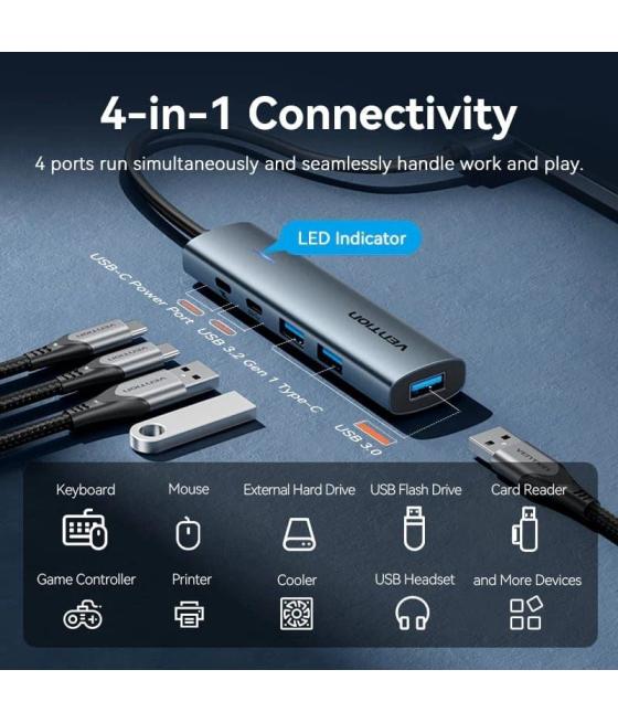 Hub usb 3.0 vention tgxhb/ 1xusb tipo-c/ 3xusb/ 1xusb tipo-c pd/ gris