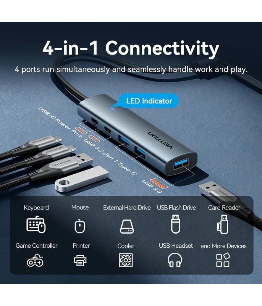 Hub usb 3.0 vention tgxhb/ 1xusb tipo-c/ 3xusb/ 1xusb tipo-c pd/ gris