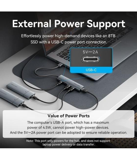 Hub usb 3.0 vention tgxhb/ 1xusb tipo-c/ 3xusb/ 1xusb tipo-c pd/ gris