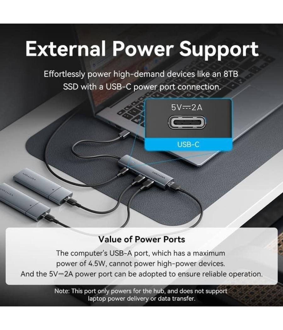 Hub usb 3.0 vention tgxhb/ 1xusb tipo-c/ 3xusb/ 1xusb tipo-c pd/ gris