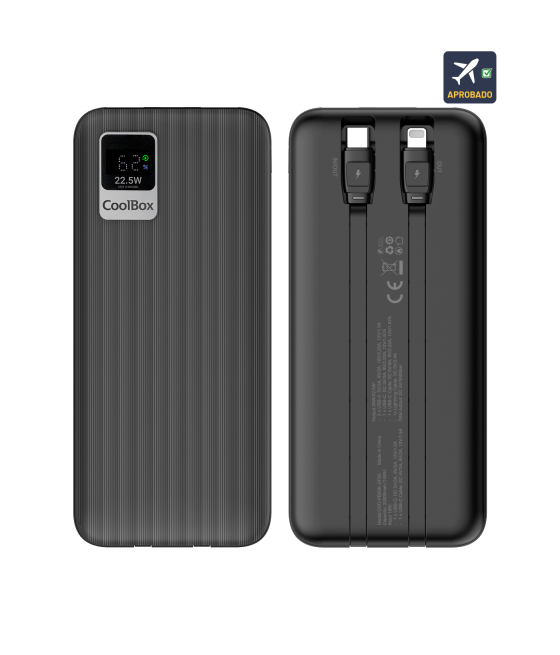 Power bank 10000mah 20w + cables integrados usb-c/lighting negro coolbox