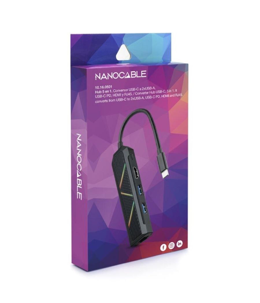 Docking usb tipo-c nanocable 10.16.0501/ 2xusb/ 1xusb tipo-c pd/ 1xhdmi/ 1xrj45/ negro