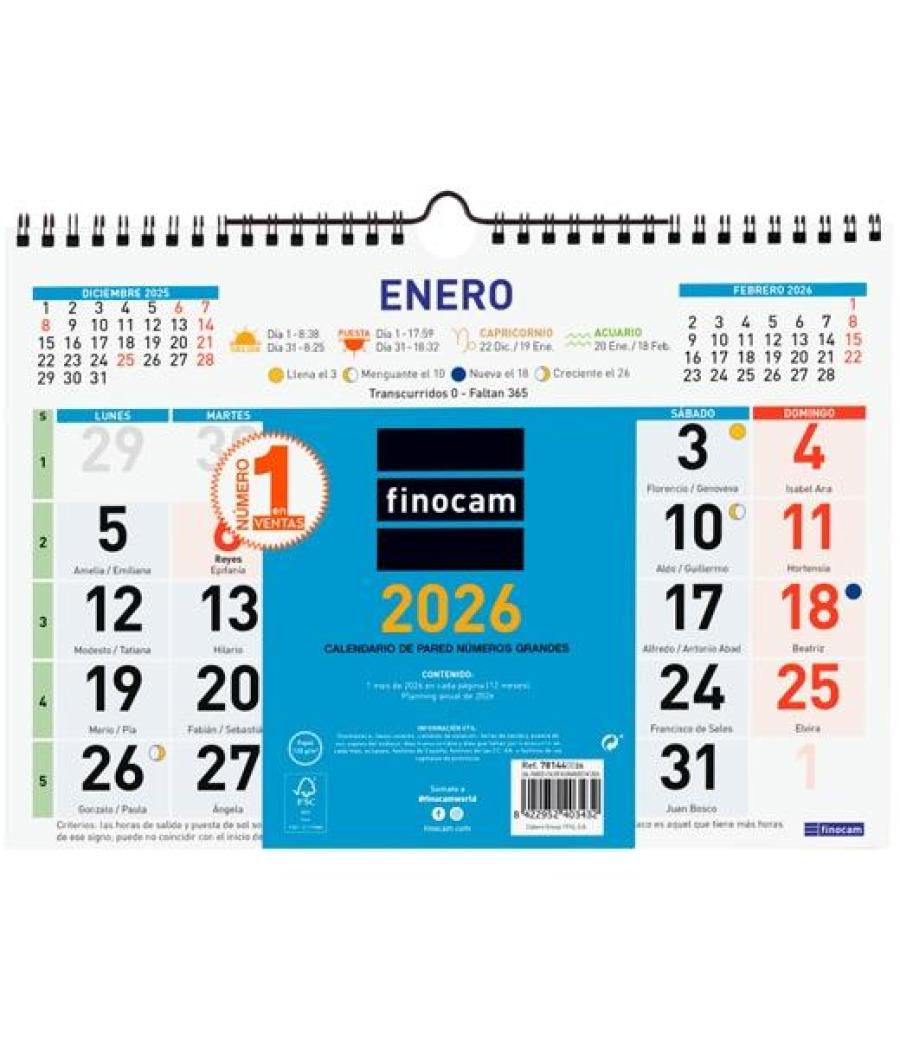 Finocam calendario de pared números grandes 300x210mm mv color 2026