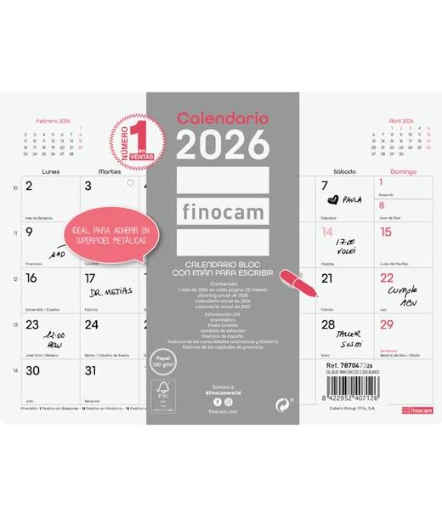 Finocam calendario bloc con imán para escribir s-210x150mm mv chic blanco 2026