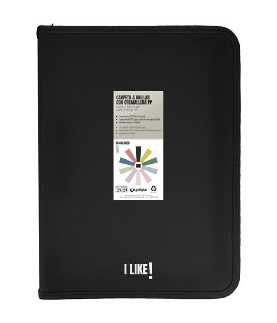 Grafoplás carpeta anillas mixtas 4x25mm con cremallera i like a4+ pp rígido opaco negro