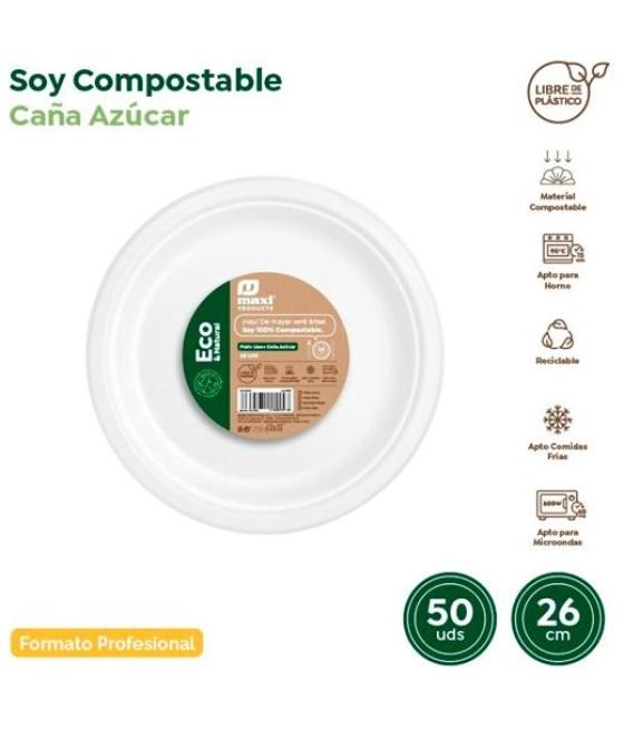 Maxi products plato llano compostable ø26cm caña de azúcar blanco pack 50 ud