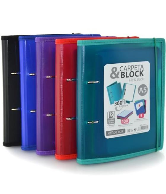 Office box carpeta & block supra anillas d 2x25mm a5 100h cierre c/goma tapa pp colores surtidos