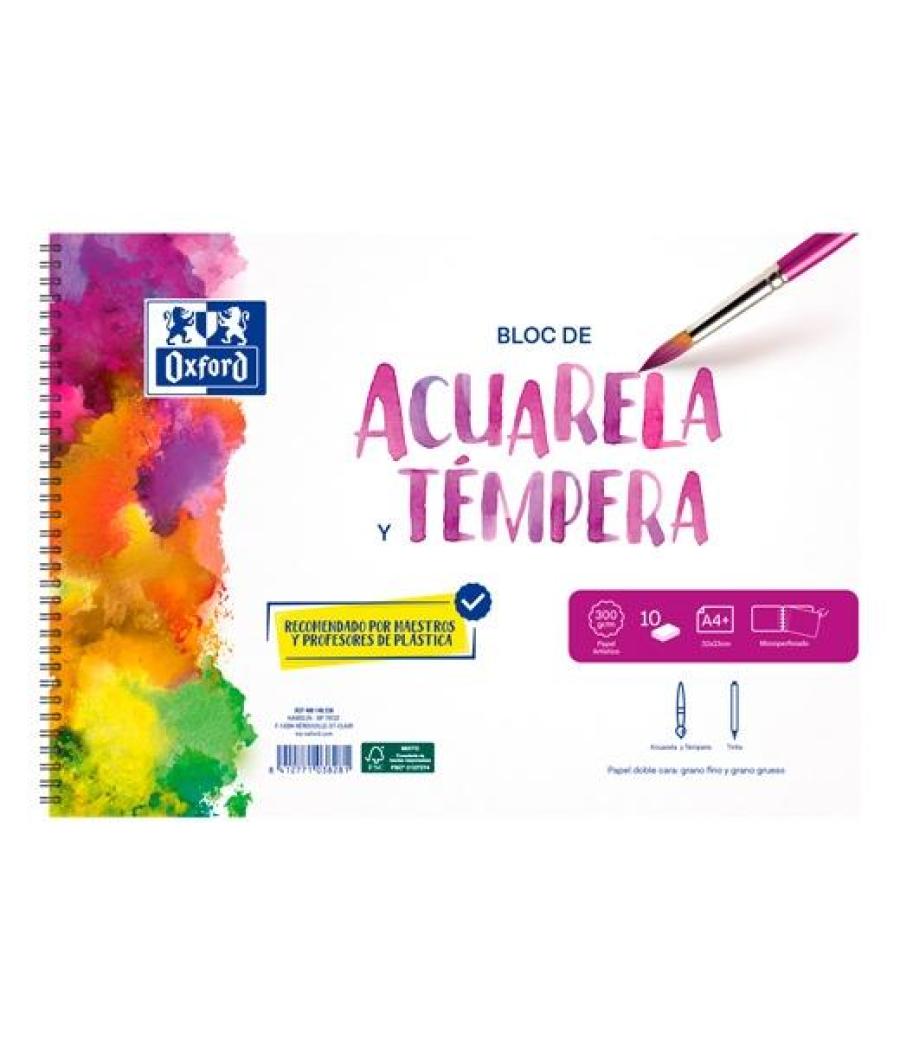 Oxford pack bloc acuarela + 2 pinceles 10h a4+ 300gr microperforado