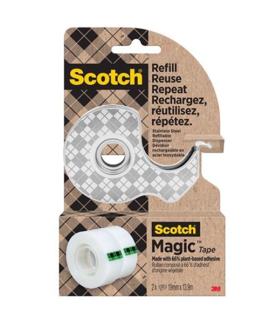 Scotch dispensador de acero inoxidable recargable para cinta adhesiva   2 rollos de 19mmx13,9m