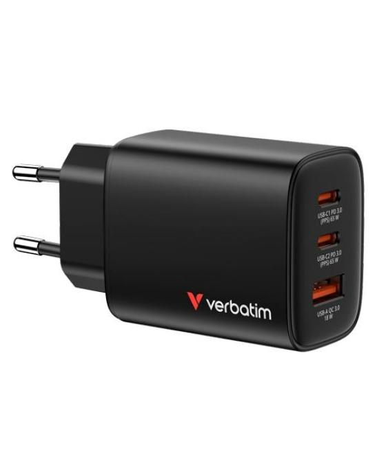 Verbatim cargador pared gan essentials 65w 2xusb-c 3.0 y 1xusb-a negro