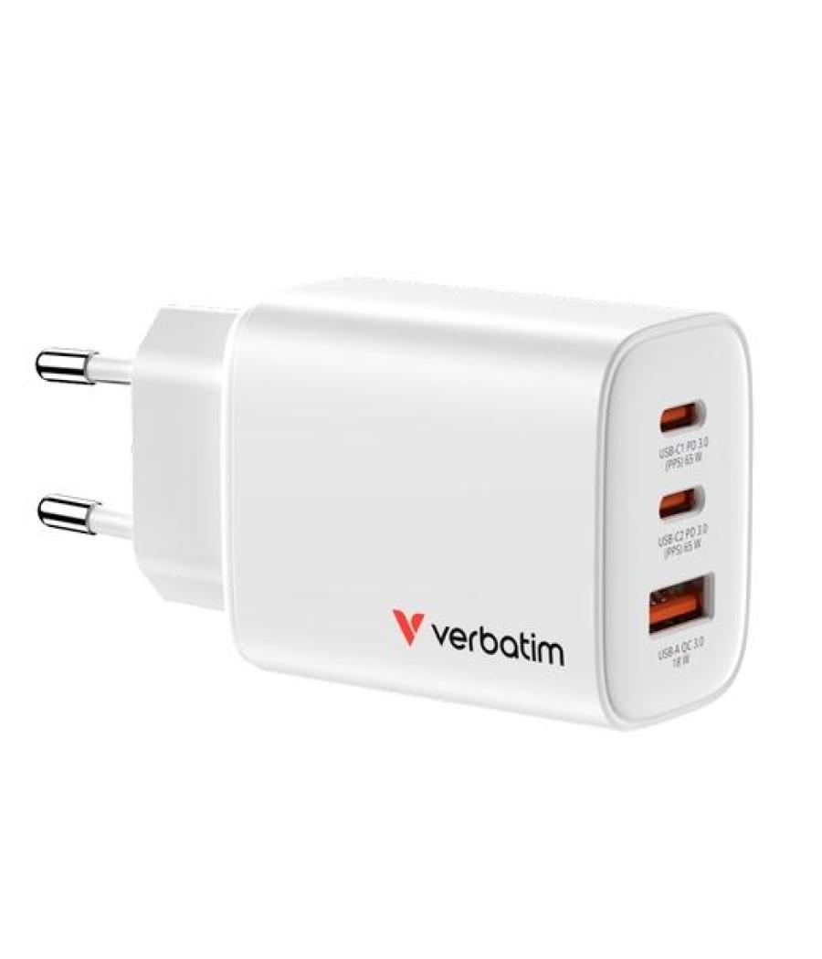 Verbatim cargador pared gan essentials 65w 2xusb-c 3.0 y 1xusb-a blanco