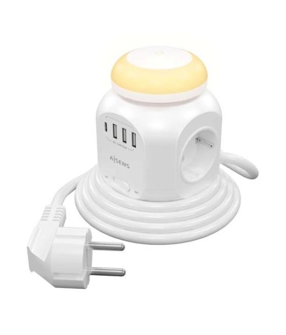 Aisens regleta de enchufes sobremesa multifuncion con 4 tomas 1xusb-c, 3xusb-a, luz nocturna, 1.8m, blanco