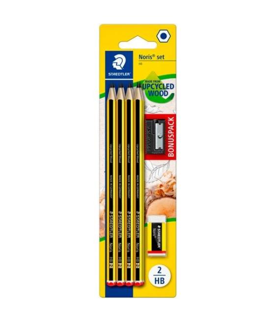 Staedtler blíster con 8 lápices noris 120-2 + una goma noris 526 n40 + regalo de 1 afilalápices simple de plástico