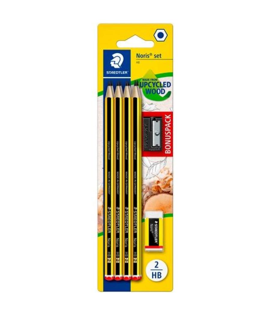 Staedtler blíster con 8 lápices noris 120-2 + una goma noris 526 n40 + regalo de 1 afilalápices simple de plástico
