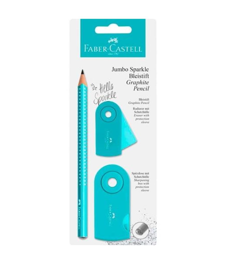 Faber castell lápiz de grafito jumbo sparkle + goma de borrar + afilalápices turquesa blíster