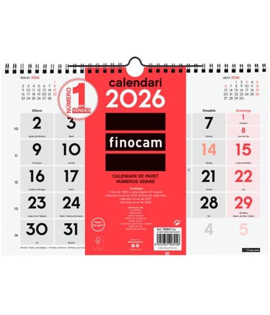 Finocam calendario de pared números grandes m-300x210mm mv neutro 2026 catalán