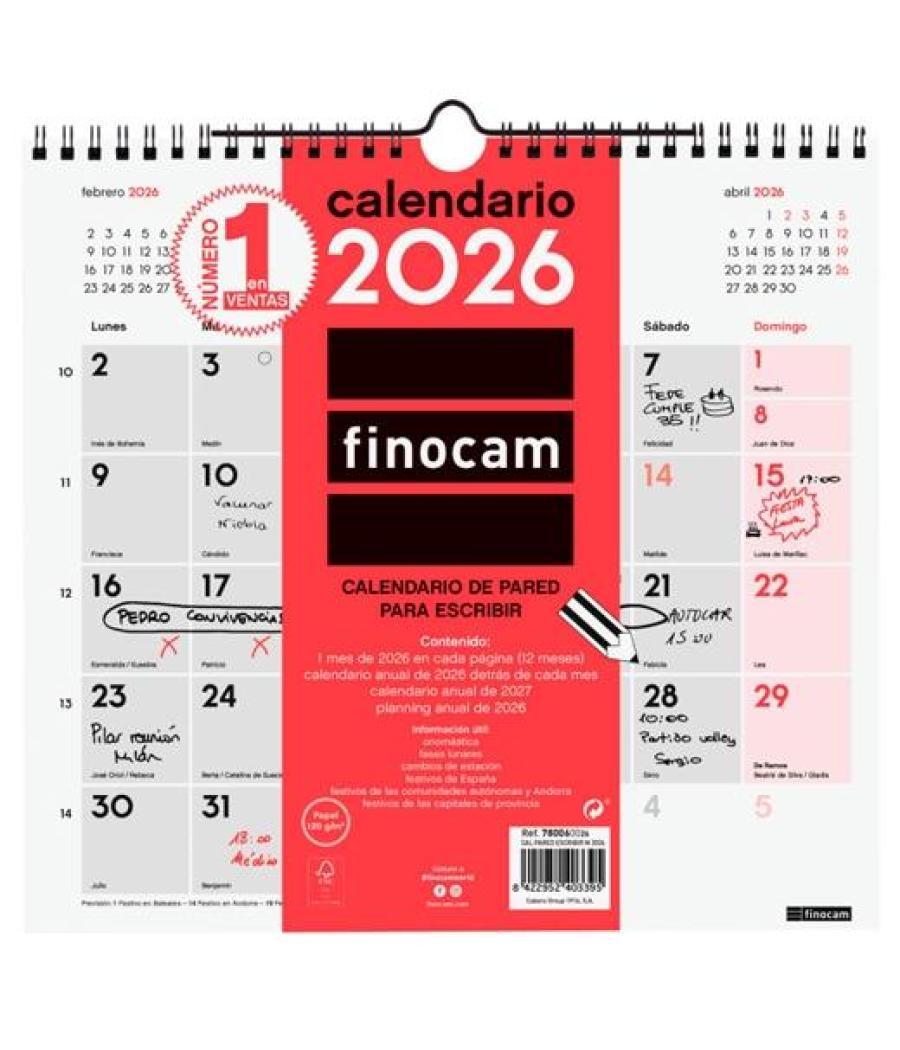 Finocam calendario de pared para escribir m-265x245mm mv neutro 2026