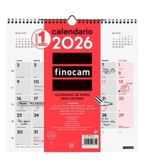 Finocam calendario de pared para escribir 30x30-300x300mm mv neutro 2026