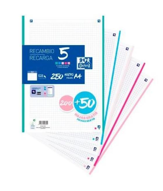 Oxford recambio classic 200+50h gratis a4 sueltas 90gr 5x5mm 4 taladros 5 bandas colores pastel