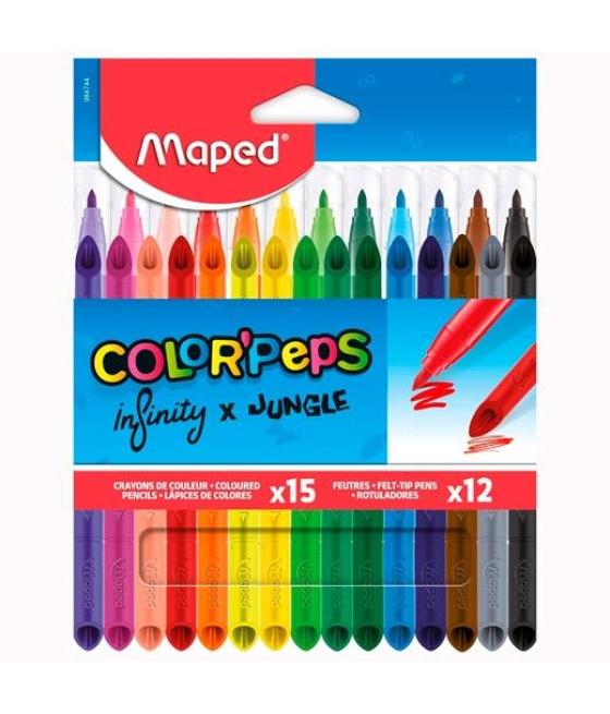 Maped set color´peps infinity 12 rotuladores pepjungle y 15 lápices de colores infinity c/surtidos