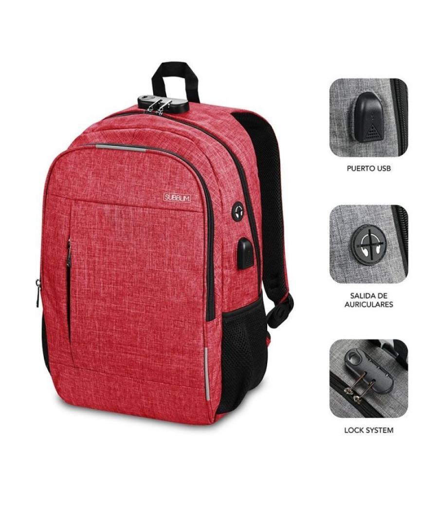 Mochila subblim urban lock para portátiles hasta 16'/ puerto usb/ antirrobo/ roja