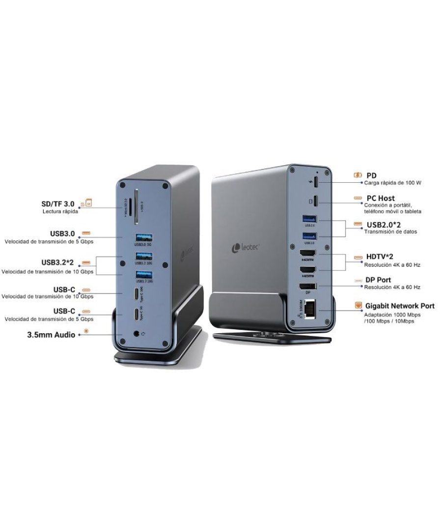 Docking usb tipo-c leotec leds06/ 5xusb/ 2xusb tipo-c/ 1xusb tipo-c pd/ 1xdisplayport/ 2xhdmi 4k/ 1xrj45/ 1xjack 3.5/ 1xlector d