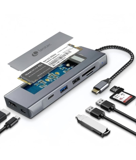 Docking usb tipo-c leotec leds07/ ranura ssd m.2/ 2xusb/ 1xusb tipo-c/ 1xhdmi 4k/ 1xlector tarjetas sd y microsd/ 1xusb tipo-c p