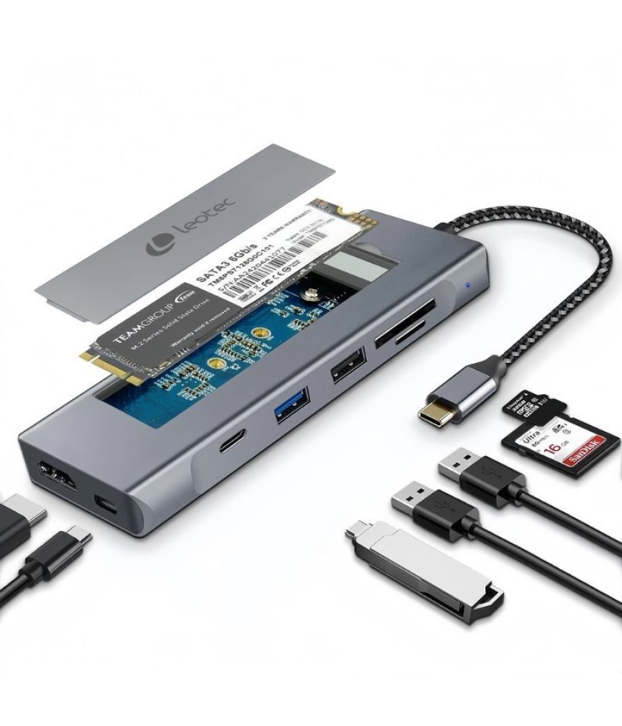 Docking usb tipo-c leotec leds07/ ranura ssd m.2/ 2xusb/ 1xusb tipo-c/ 1xhdmi 4k/ 1xlector tarjetas sd y microsd/ 1xusb tipo-c p