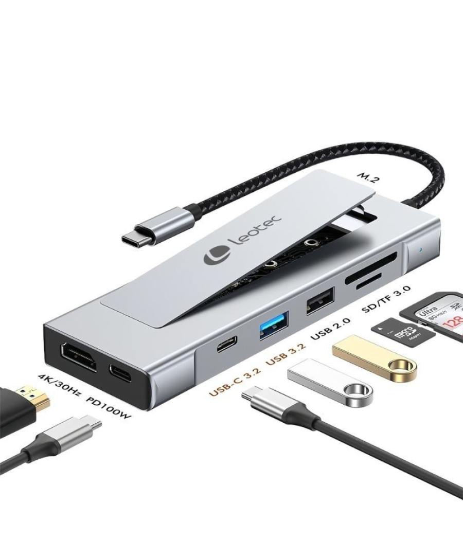 Docking usb tipo-c leotec leds07/ ranura ssd m.2/ 2xusb/ 1xusb tipo-c/ 1xhdmi 4k/ 1xlector tarjetas sd y microsd/ 1xusb tipo-c p