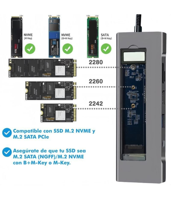 Docking usb tipo-c leotec leds07/ ranura ssd m.2/ 2xusb/ 1xusb tipo-c/ 1xhdmi 4k/ 1xlector tarjetas sd y microsd/ 1xusb tipo-c p