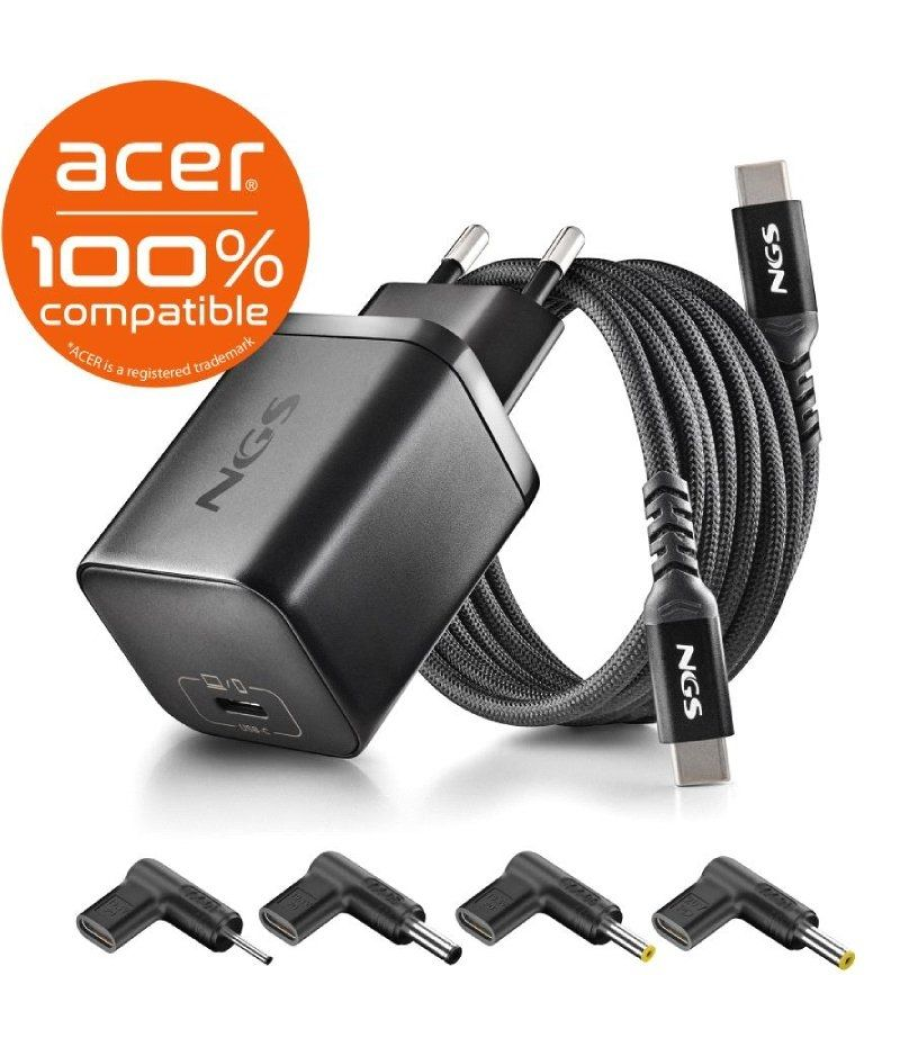 Cargador gan de portátil ngs bud65w-ac para acer/ 1xusb tipo-c/ 65w/ automático/ 4 conectores/ voltaje 5-20v