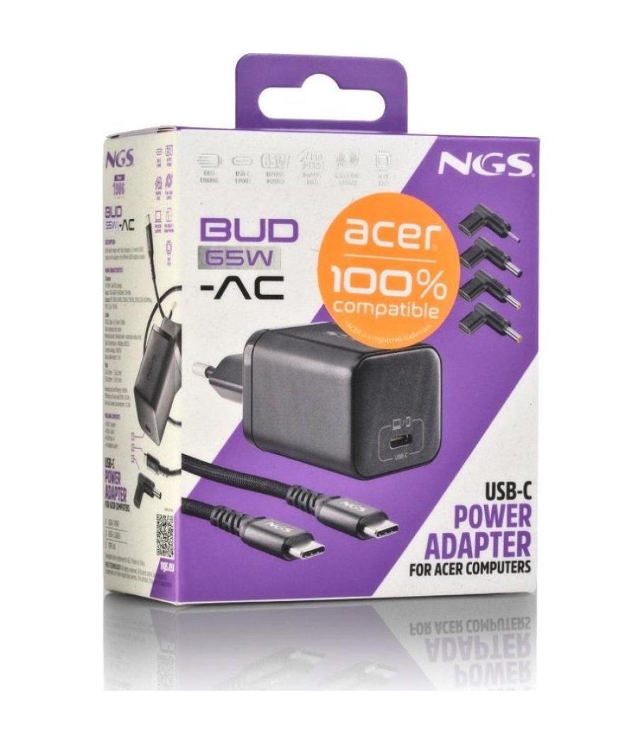 Cargador gan de portátil ngs bud65w-ac para acer/ 1xusb tipo-c/ 65w/ automático/ 4 conectores/ voltaje 5-20v