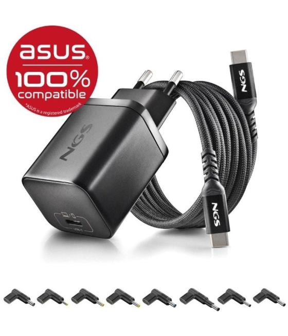 Cargador gan de portátil ngs bud65w-as para asus/ 1xusb tipo-c/ 65w/ automático/ 8 conectores/ voltaje 5-20v